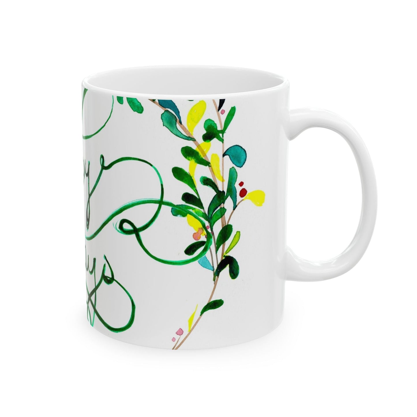 Happy Holidays Floral Ceramic Mug — Festive Green Script 11oz & 15oz Printify