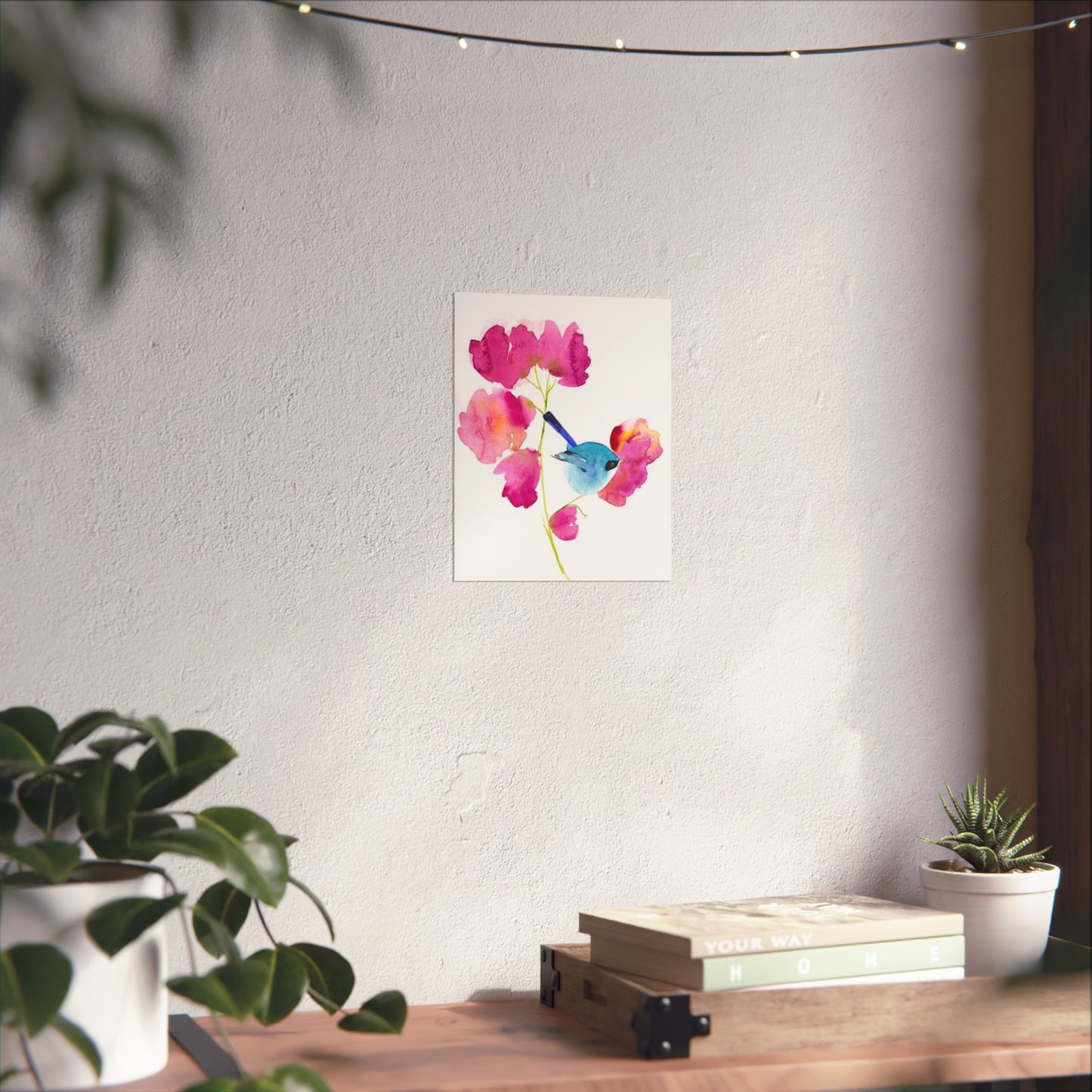 Blue Wren Watercolor Fine Art Poster – Pink Floral Bird Wall Art