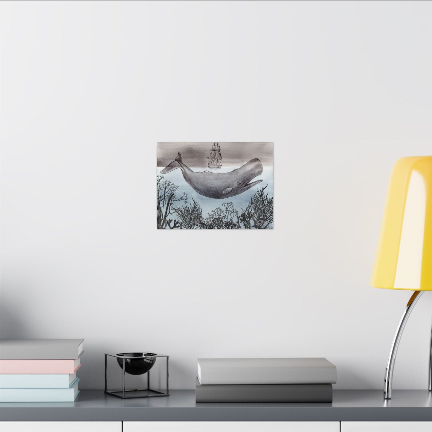 Whale & Ship Matte Canvas Wall Art — Nautical Sperm Whale Illustration Printify