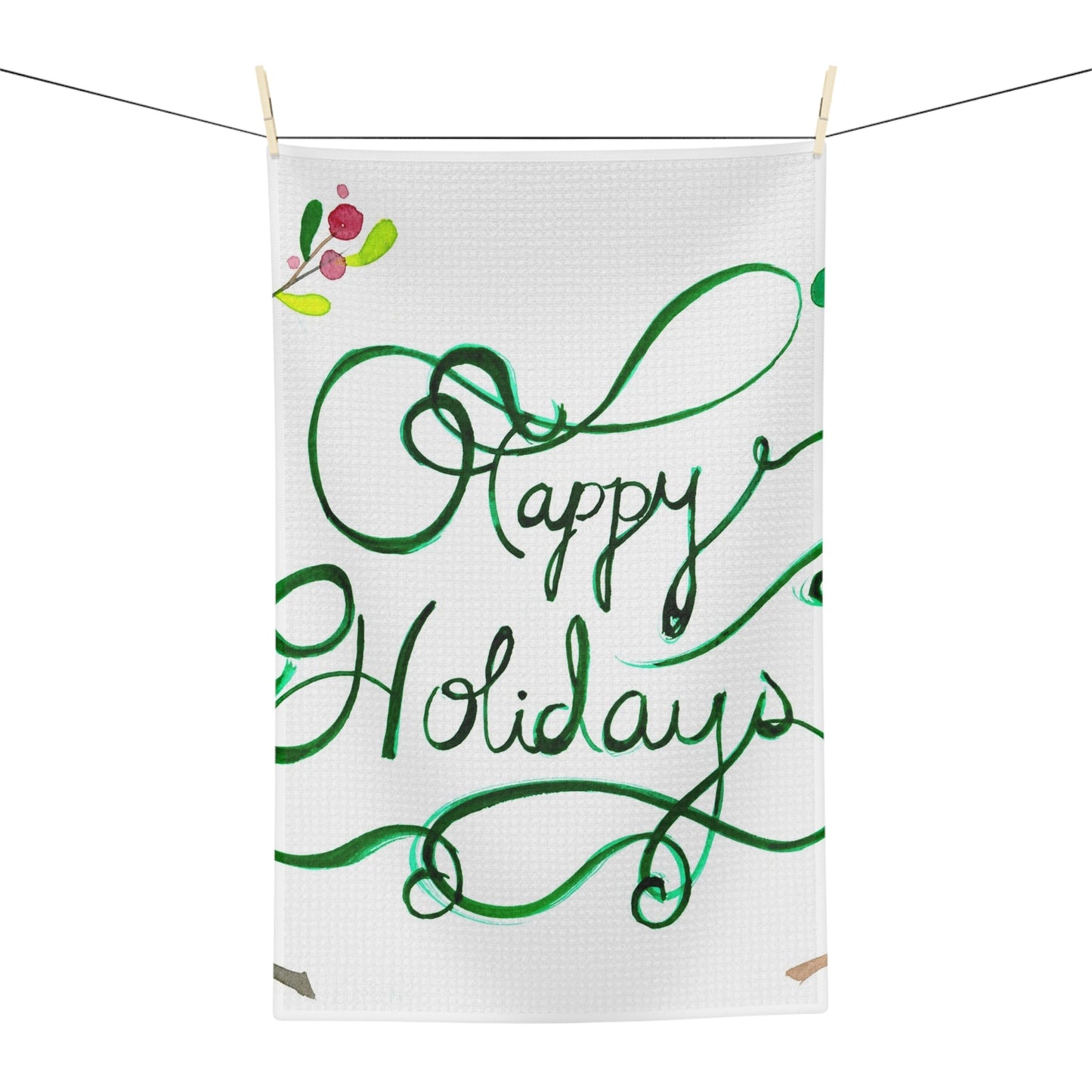 Happy Holidays Microfiber Tea Towel — Festive Green Script Kitchen Towel Printify
