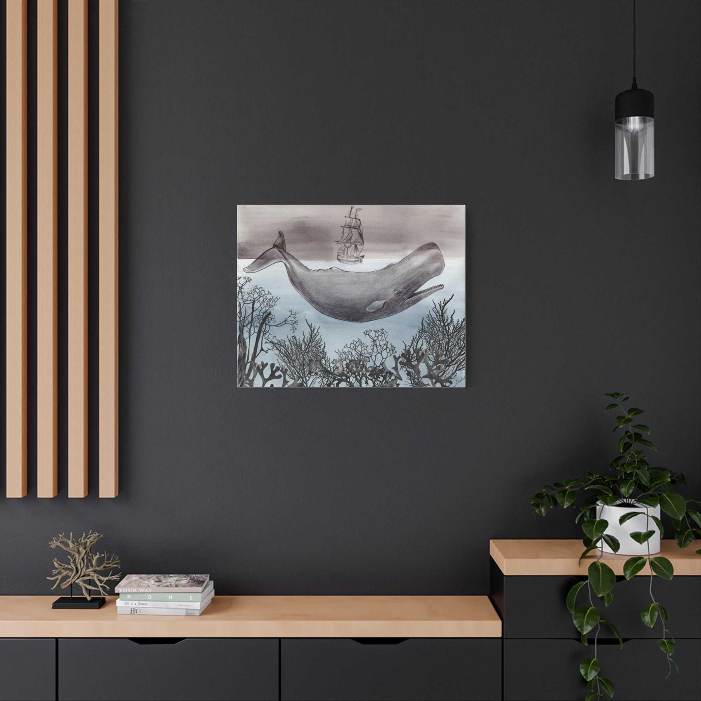 Whale & Tall Ship Matte Canvas Wall Art — Nautical Ocean Illustration Printify