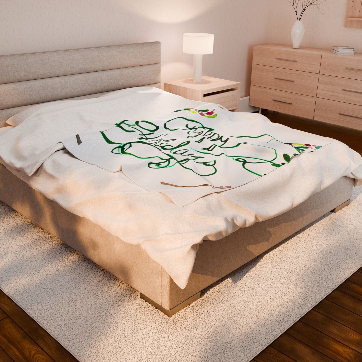 Happy Holidays Velveteen Plush Blanket – Festive Green Holiday Throw Printify