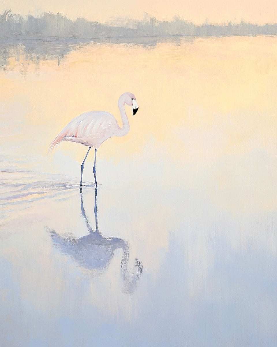 Flamingo silhouette at dawn with soft sunrise tones, elegant and serene wall art print