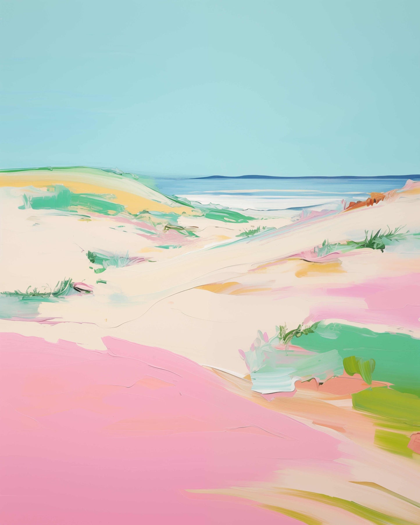 Pink Dunes art print featuring soft pink and neutral sunlit dunes in a modern, calming style