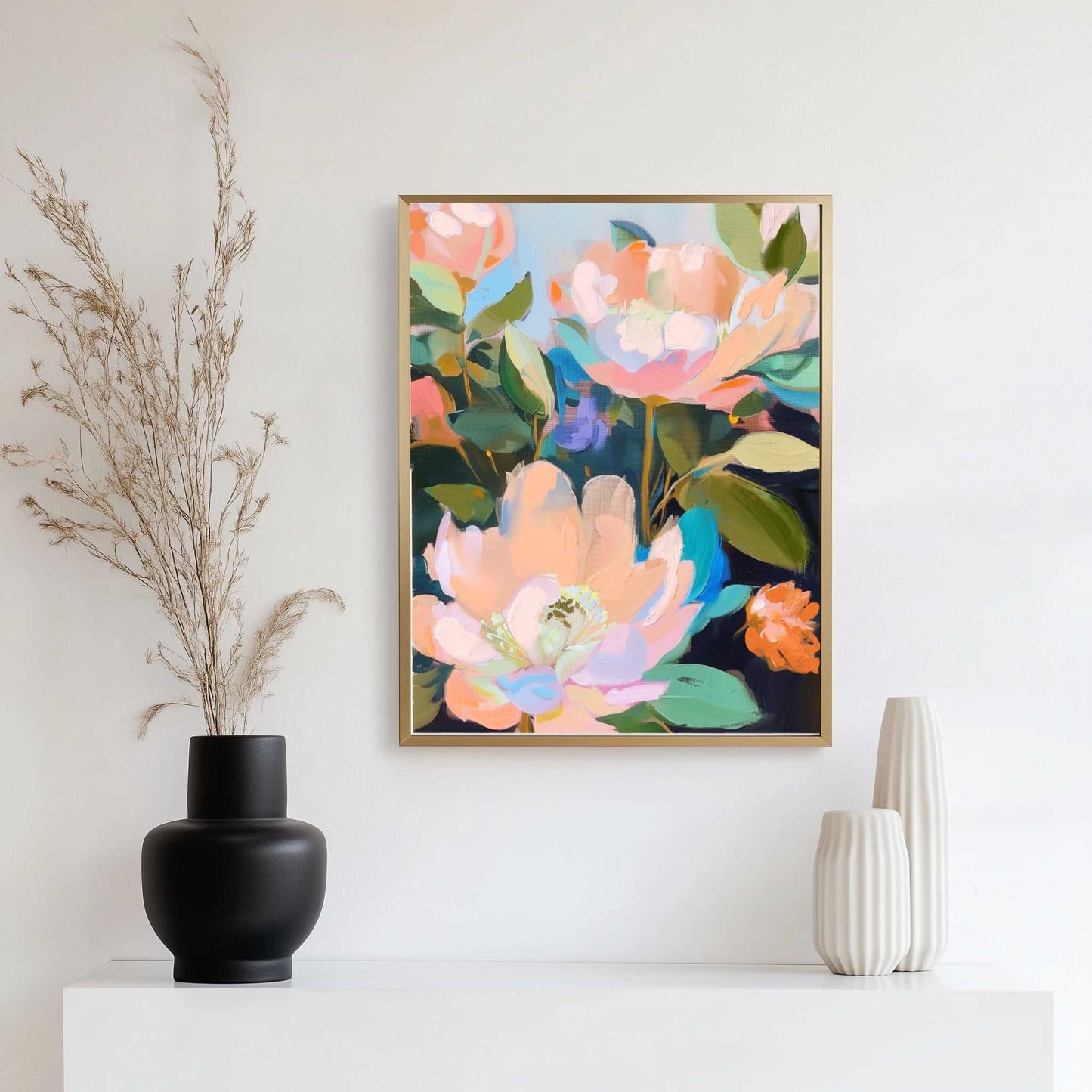Original acrylic painting on canvas titled The Peonies Arrived Today, 18x24 inches, signed and dated by artist
