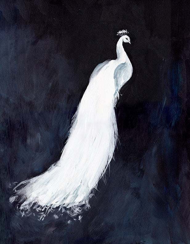 White Peacock III elegant white peacock art print with luminous tones on premium paper or canvas