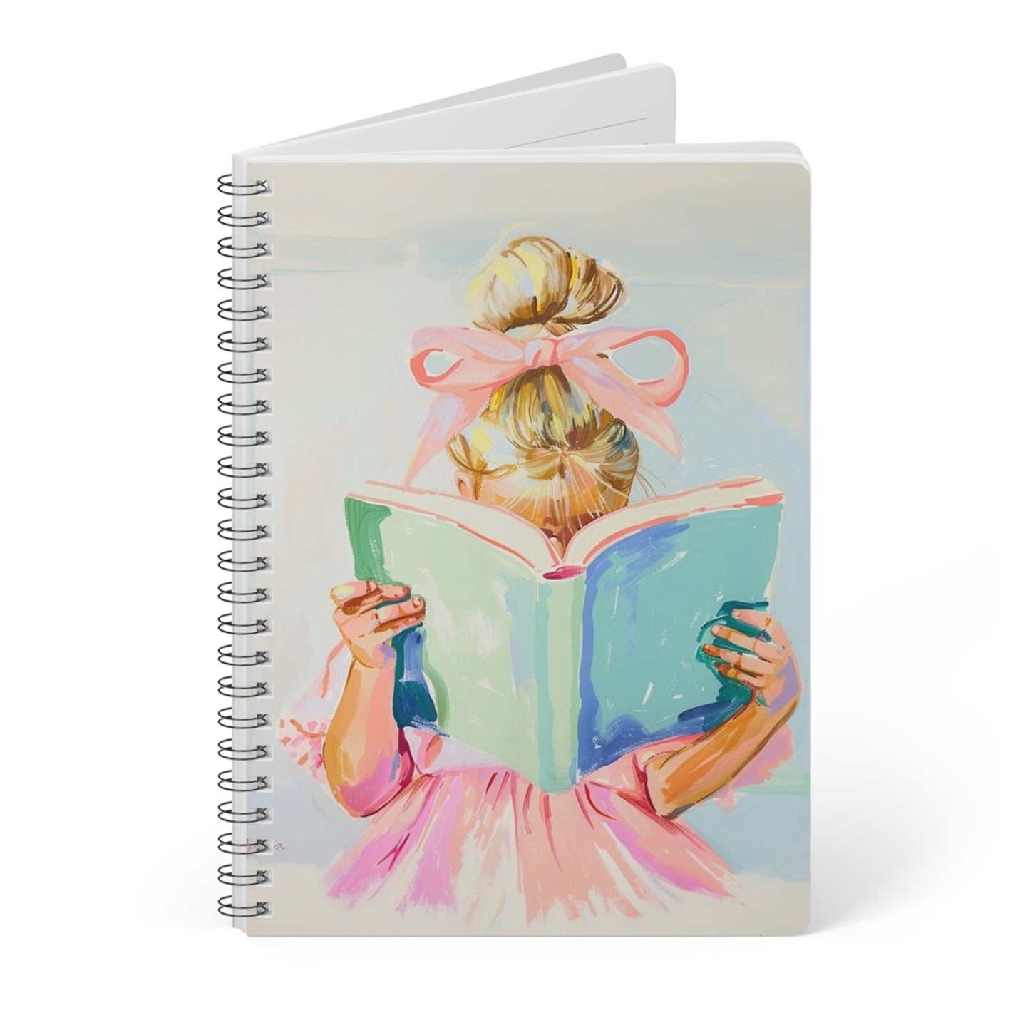 A5 Wirobound Softcover Notebook — Girl Reading Illustration, Lined Journal for Students & Writers