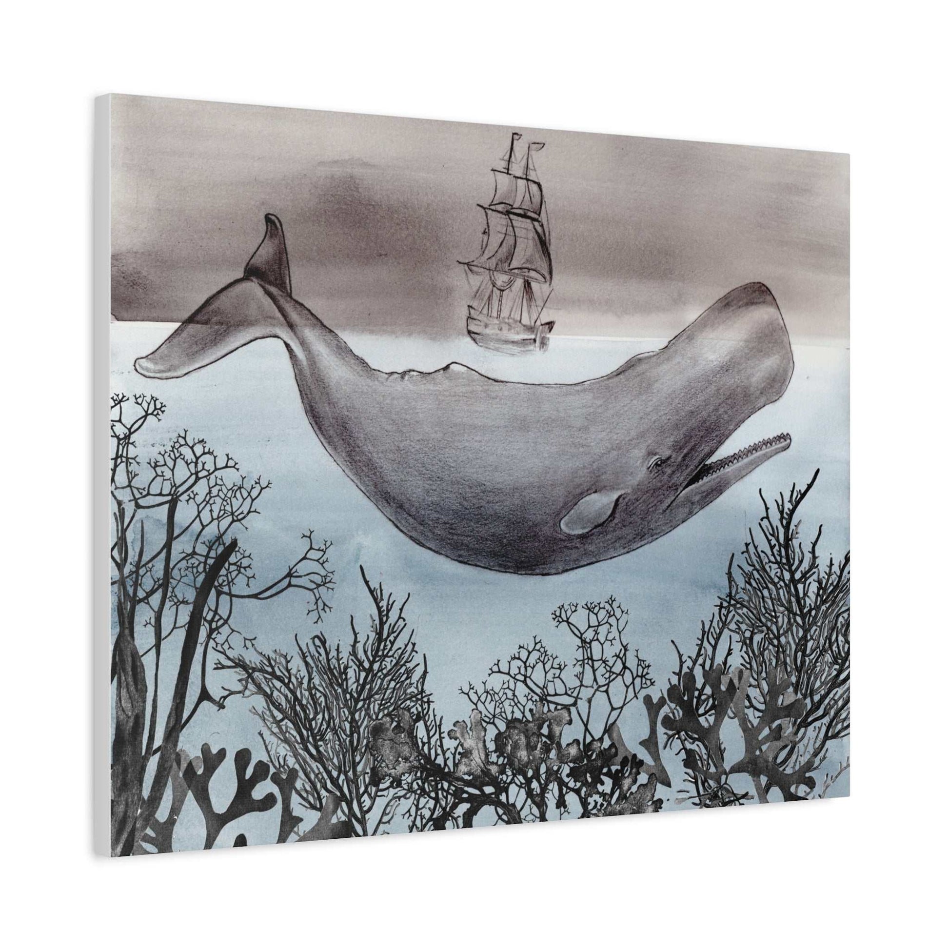 Whale & Tall Ship Matte Canvas Wall Art — Nautical Ocean Illustration Printify