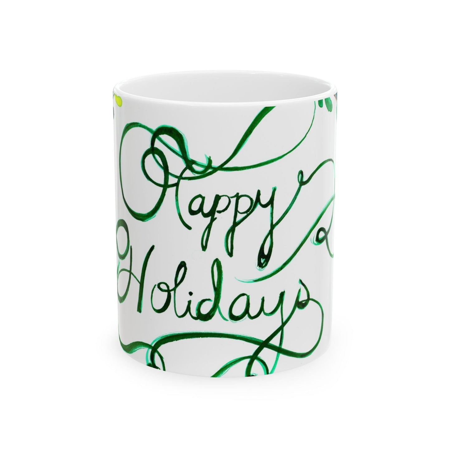 Happy Holidays Floral Ceramic Mug — Festive Green Script 11oz & 15oz Printify