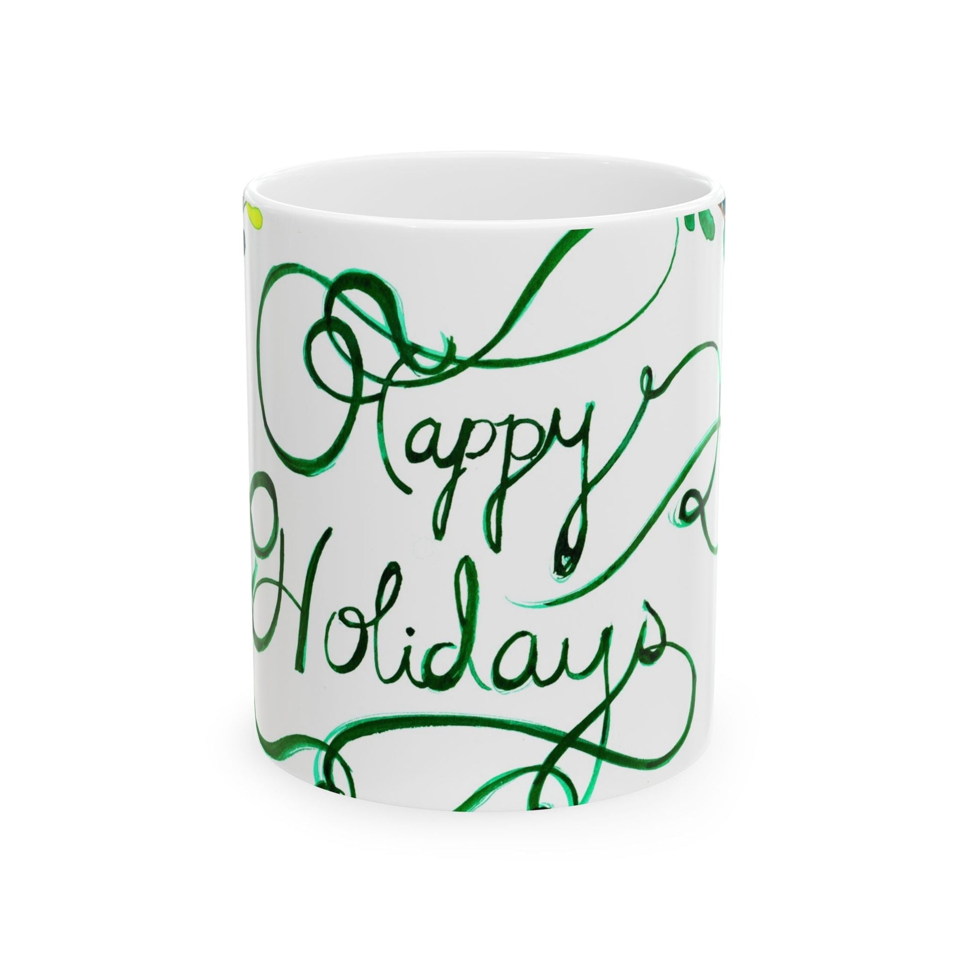 Happy Holidays Floral Ceramic Mug — Festive Green Script 11oz & 15oz Printify