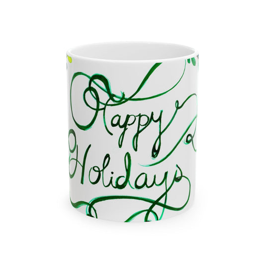 Happy Holidays Floral Ceramic Mug — Festive Green Script 11oz & 15oz Printify