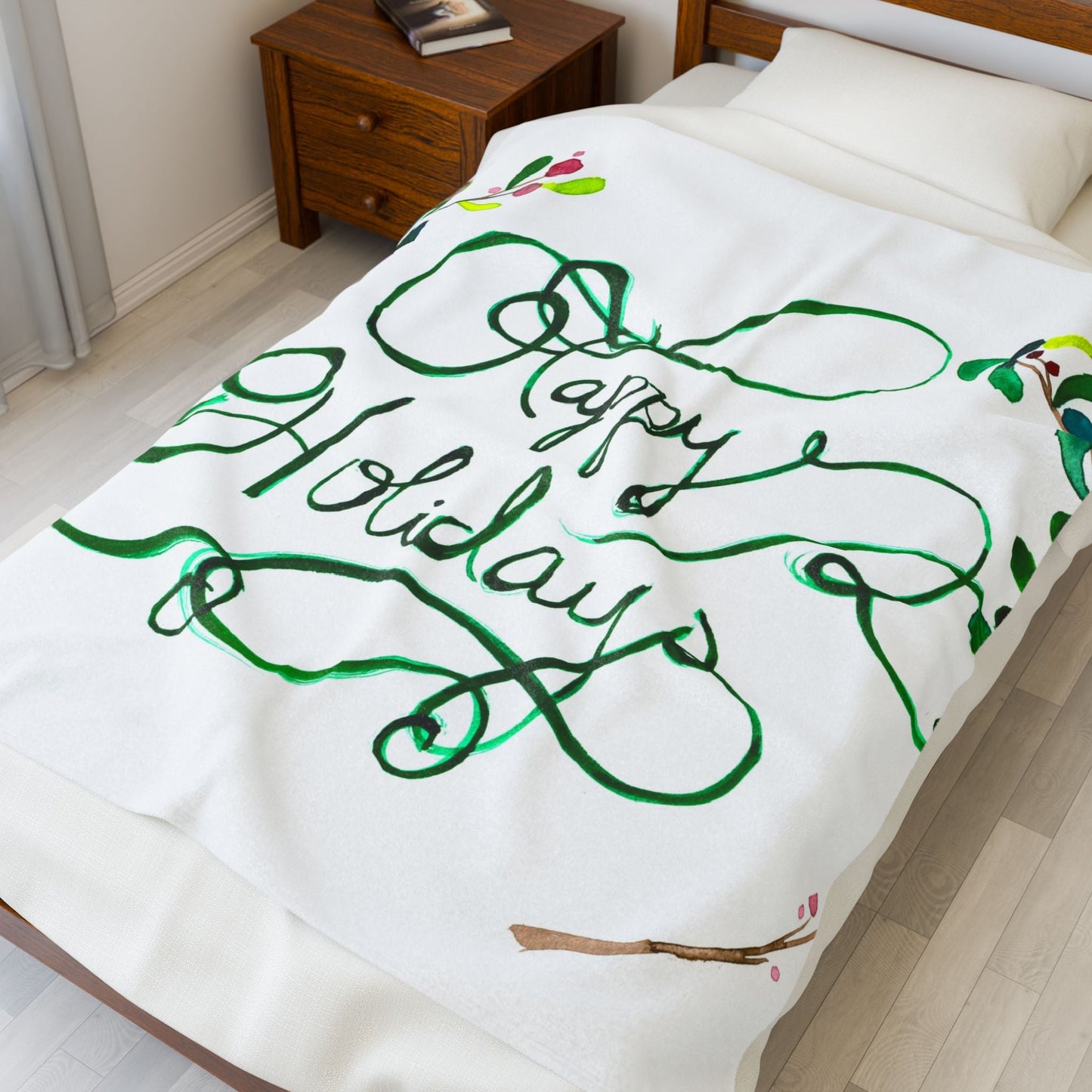 Happy Holidays Velveteen Plush Blanket – Festive Green Holiday Throw Printify