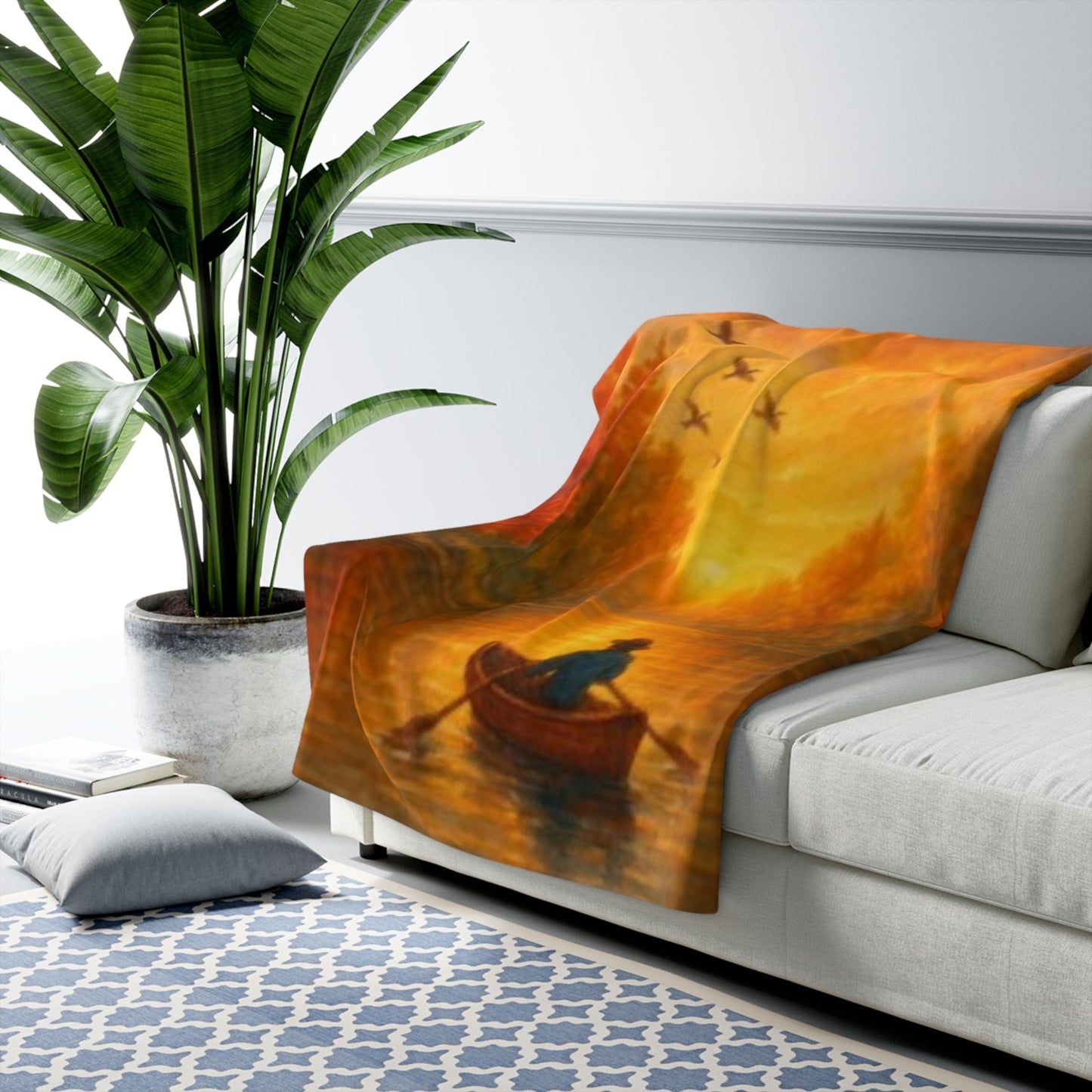 Sherpa Fleece Blanket - Rowing River Autumn Fall Blanket Printify