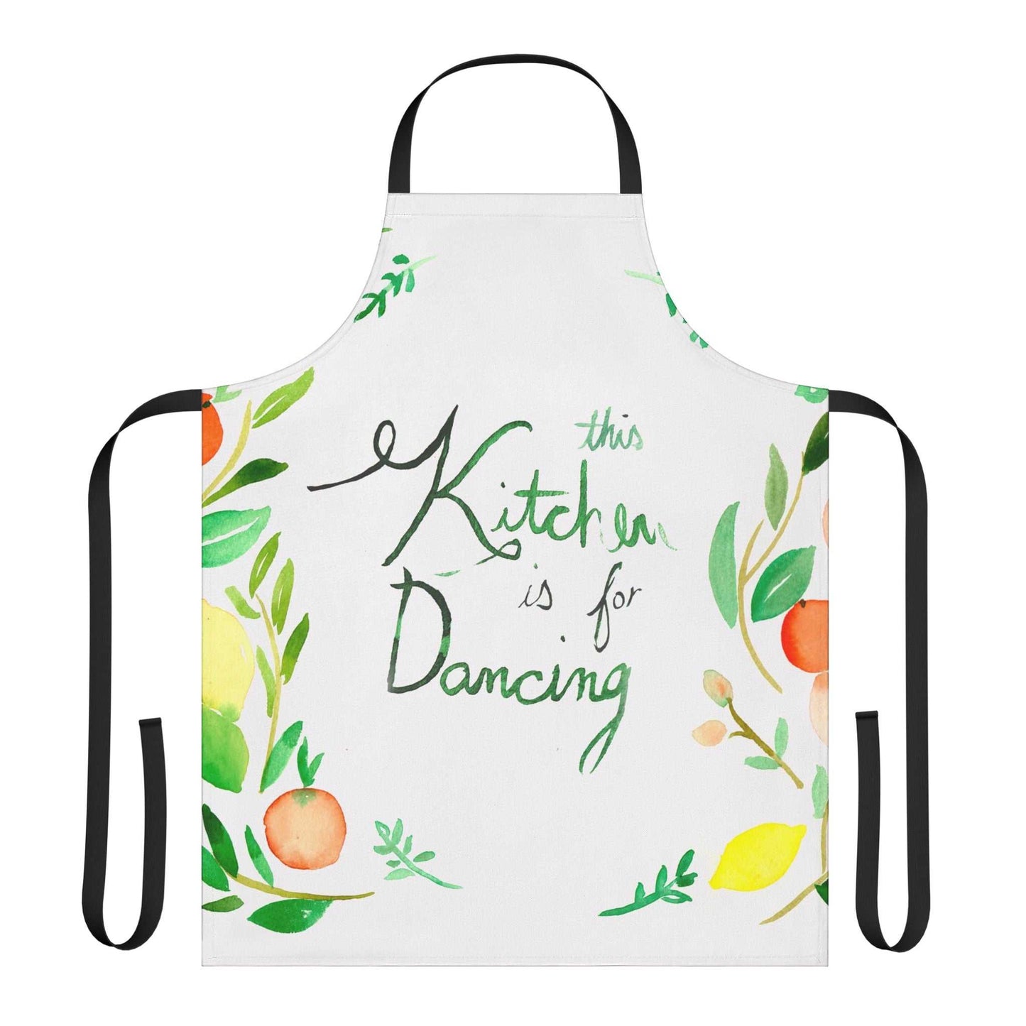 Colorful whimsical kitchen apron with "This Kitchen is for Dancing" text and tie-back closure