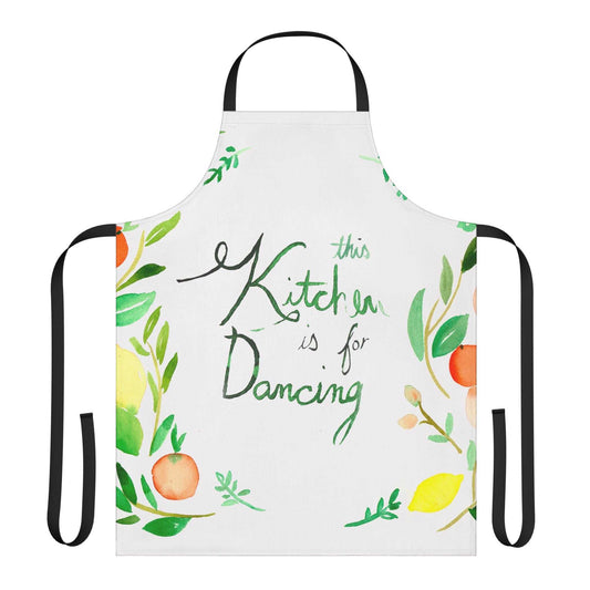 Colorful whimsical kitchen apron with "This Kitchen is for Dancing" text and tie-back closure