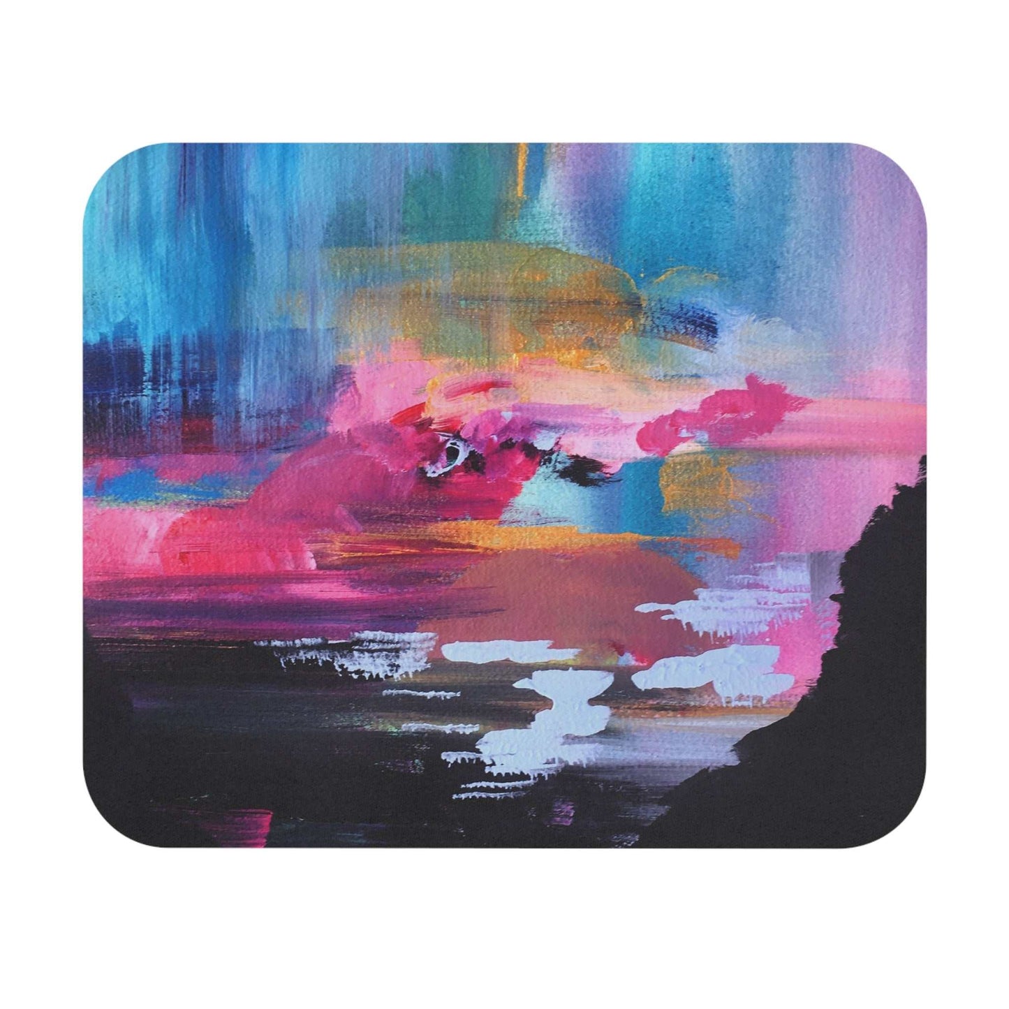Abstract sunset painting mouse pad with vibrant pink, blue, and gold hues for creative home office desk mat