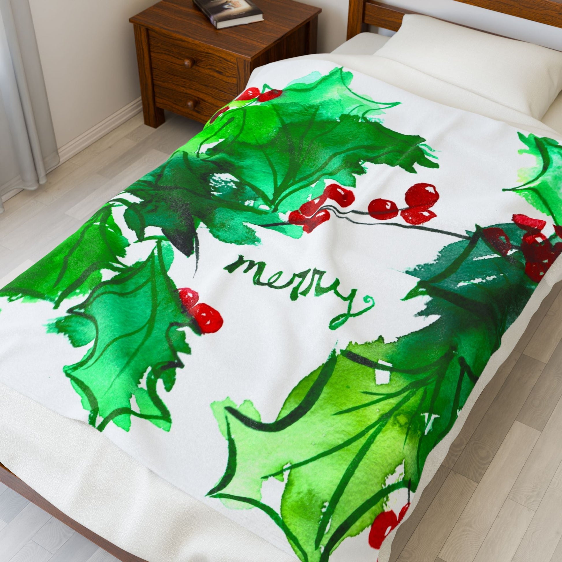 Christmas Holly "Merry" Velveteen Plush Blanket — Festive Holiday Throw Printify