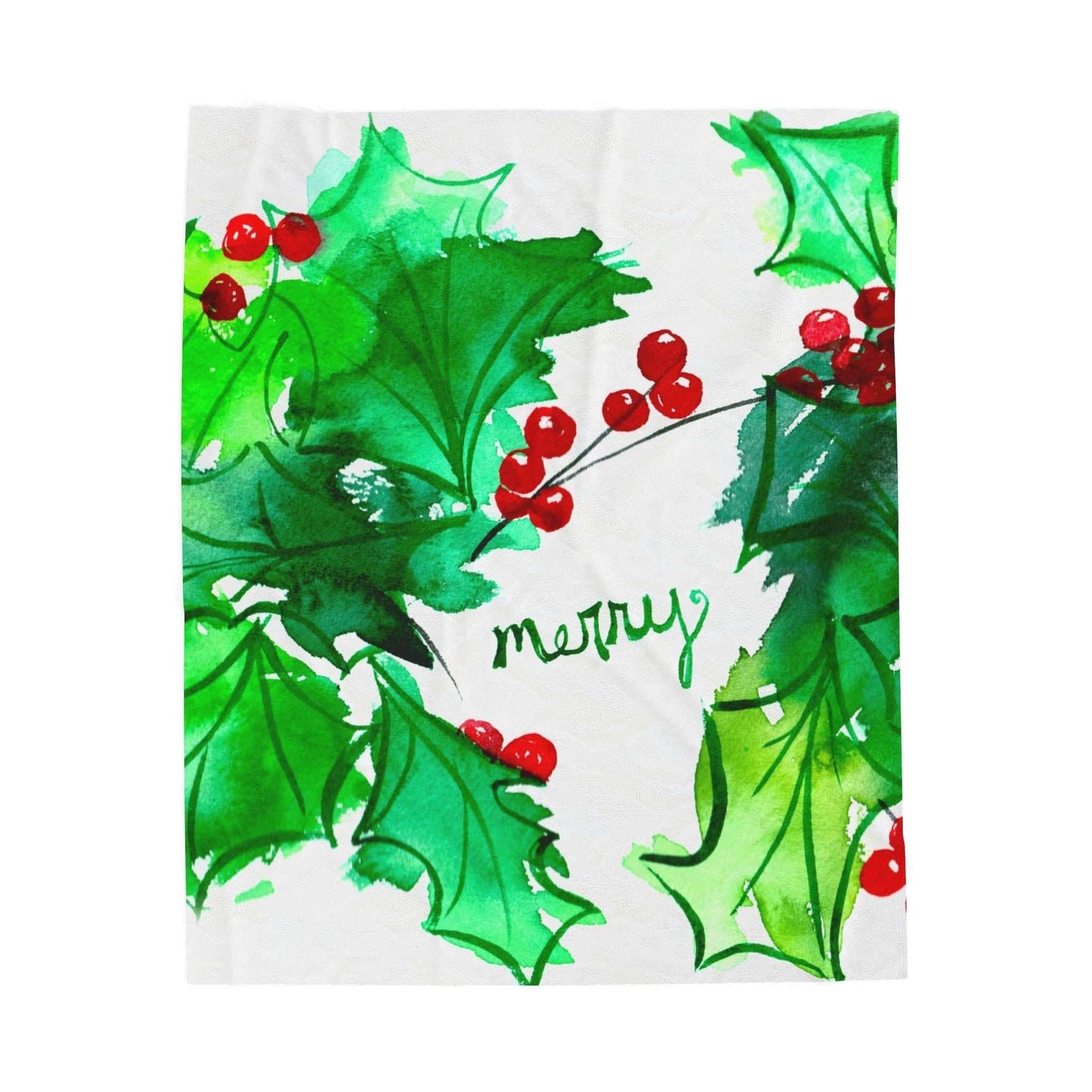 Christmas Holly "Merry" velveteen plush blanket with watercolor holly and red berries on white background