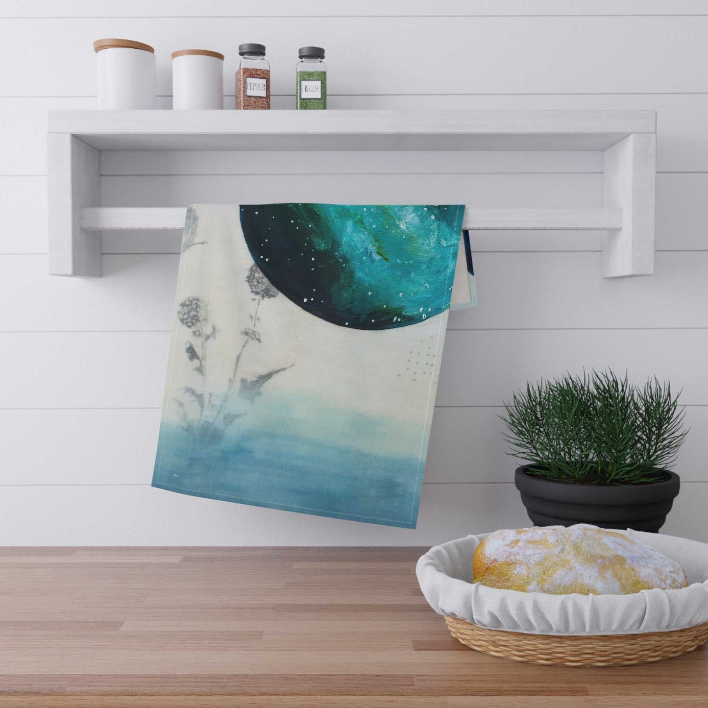 Colorful artistic tea towel with vibrant one-sided print for modern kitchen decor