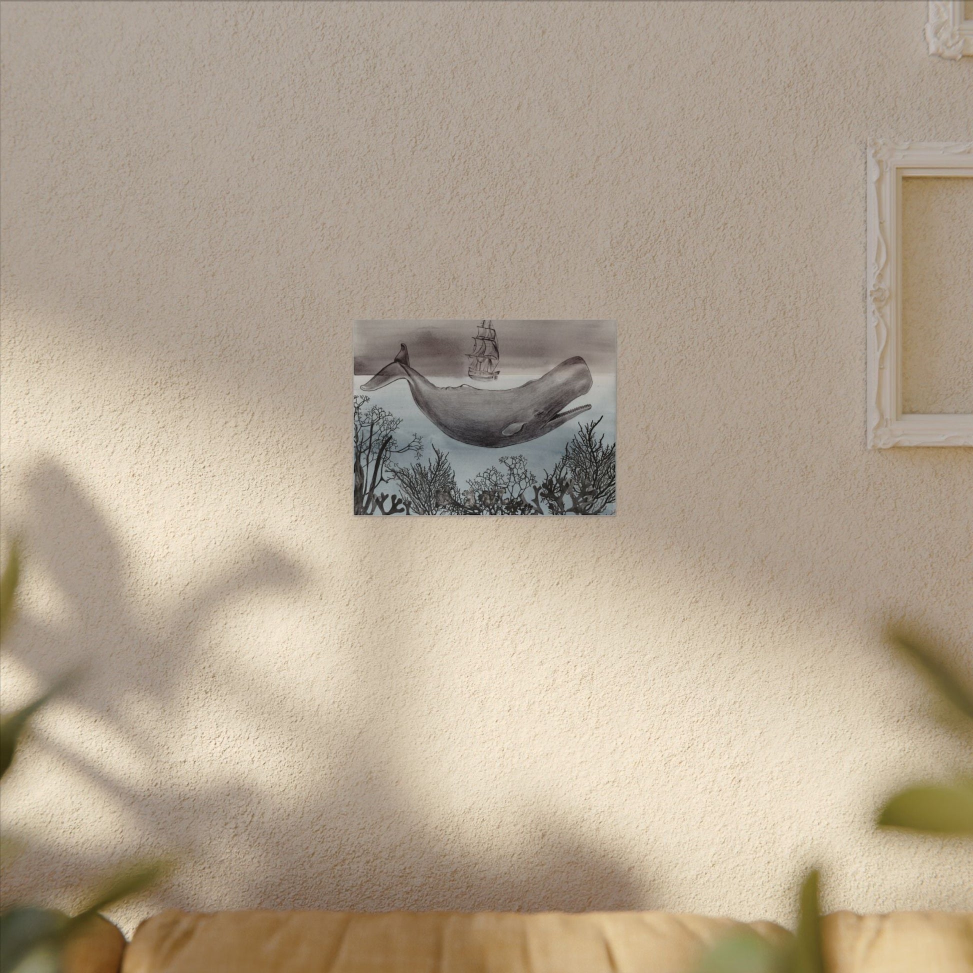 Whale & Ship Matte Canvas Wall Art — Nautical Sperm Whale Illustration Printify