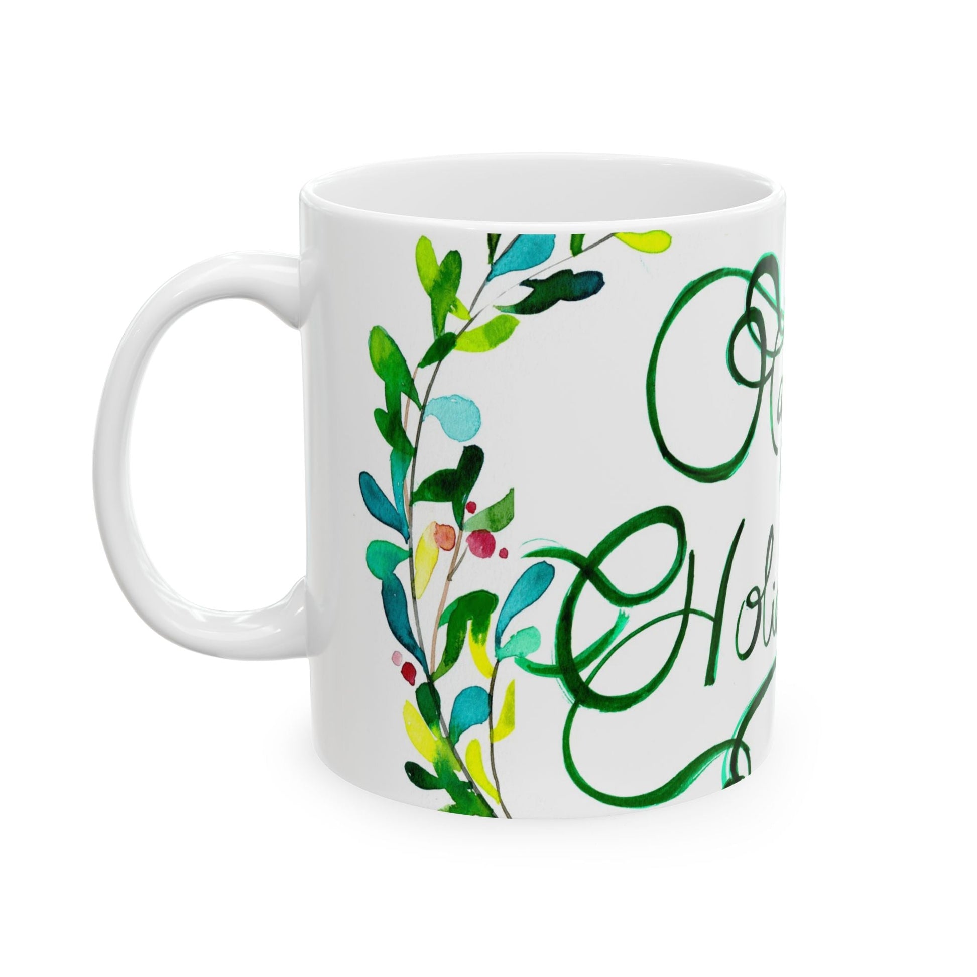 Happy Holidays Floral Ceramic Mug — Festive Green Script 11oz & 15oz Printify
