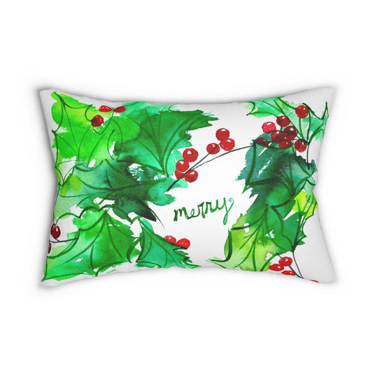 Watercolor holiday holly wreath lumbar pillow with "merry" lettering and festive red berries on green leaves.
