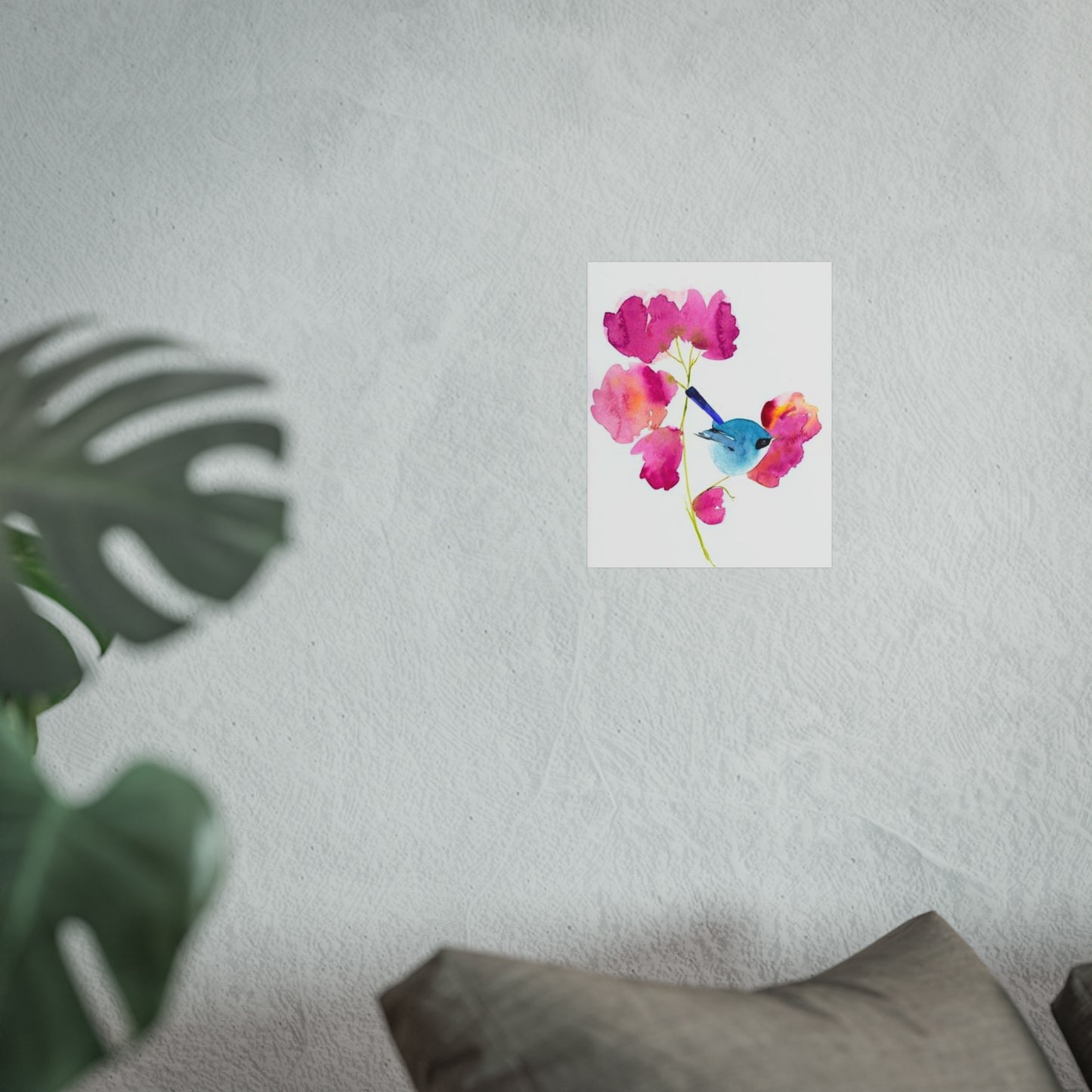 Blue Wren Watercolor Fine Art Poster – Pink Floral Bird Wall Art