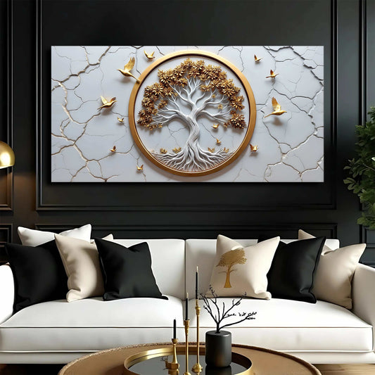 3D Celtic Tree of Life wall art on white premium canvas with golden tones and detailed branches
