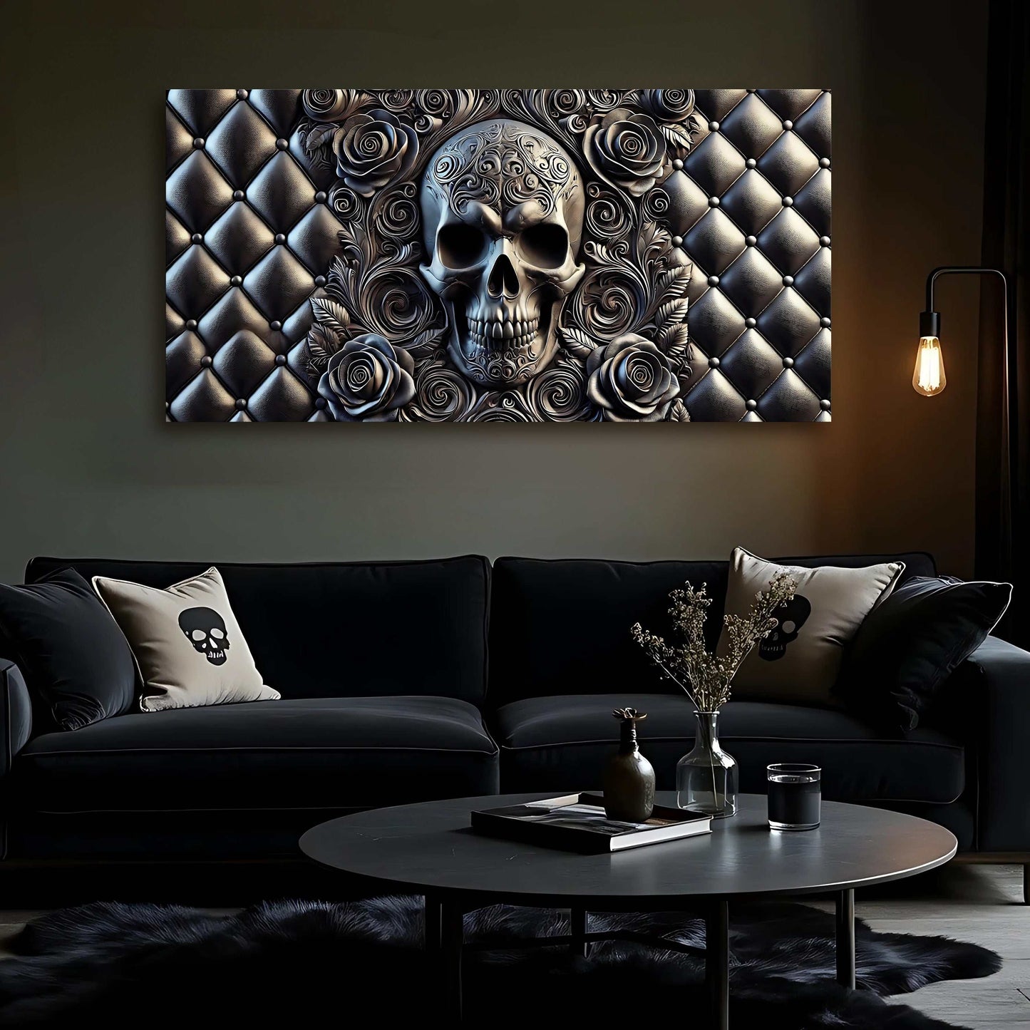 3D rose and skull wall art on canvas with vibrant ink, ready to hang, made in the USA