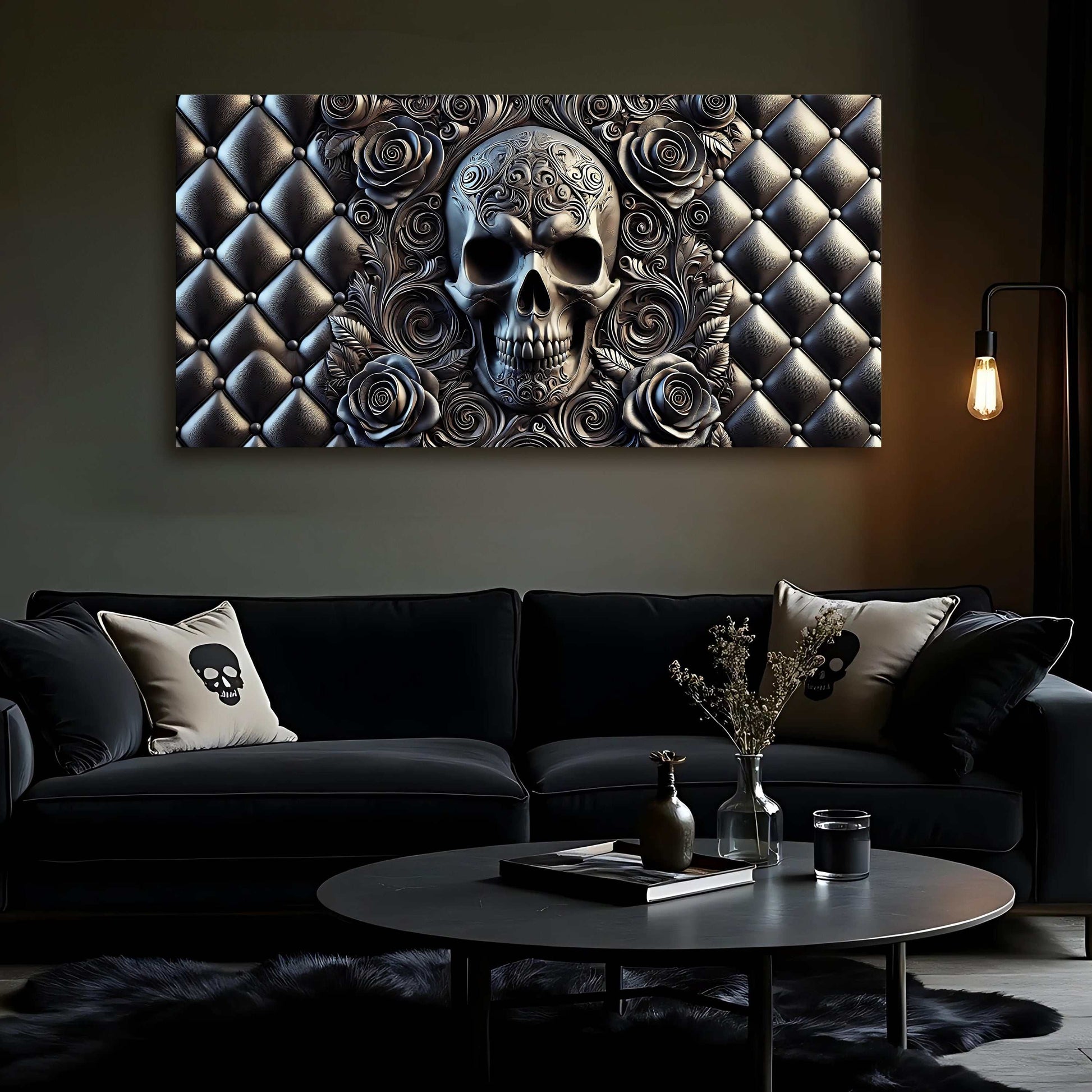 3D rose and skull wall art on canvas with vibrant ink, ready to hang, made in the USA