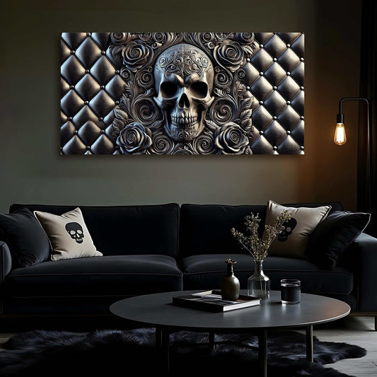 3D rose and skull wall art on canvas with vibrant ink, ready to hang, made in the USA