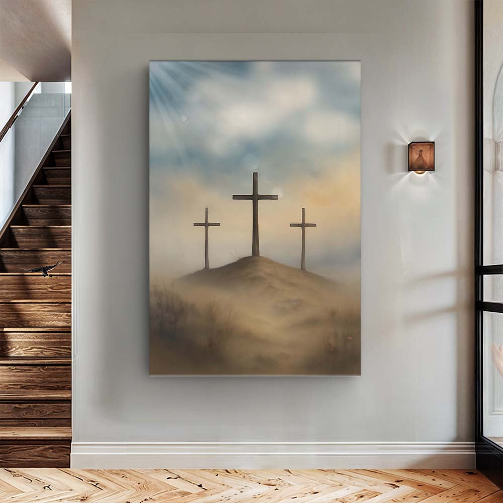 Three crosses on Calvary faith wall art on canvas, ready to hang, made in the USA