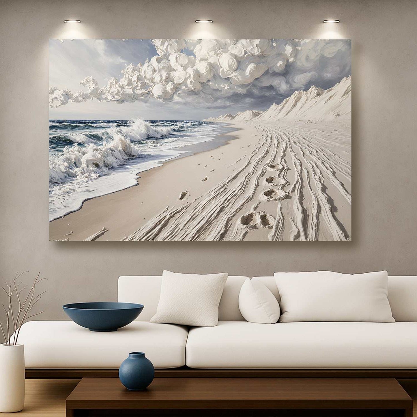 Footprints in the Sand Wall Art on high-quality US canvas, vibrant ink, personalized and ready to hang.