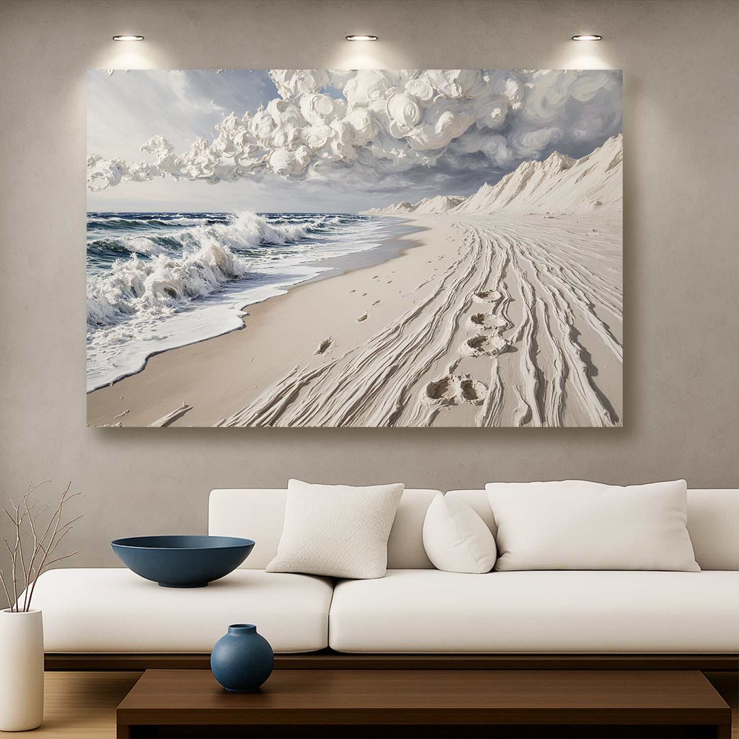 Footprints in the Sand Wall Art on high-quality US canvas, vibrant ink, personalized and ready to hang.