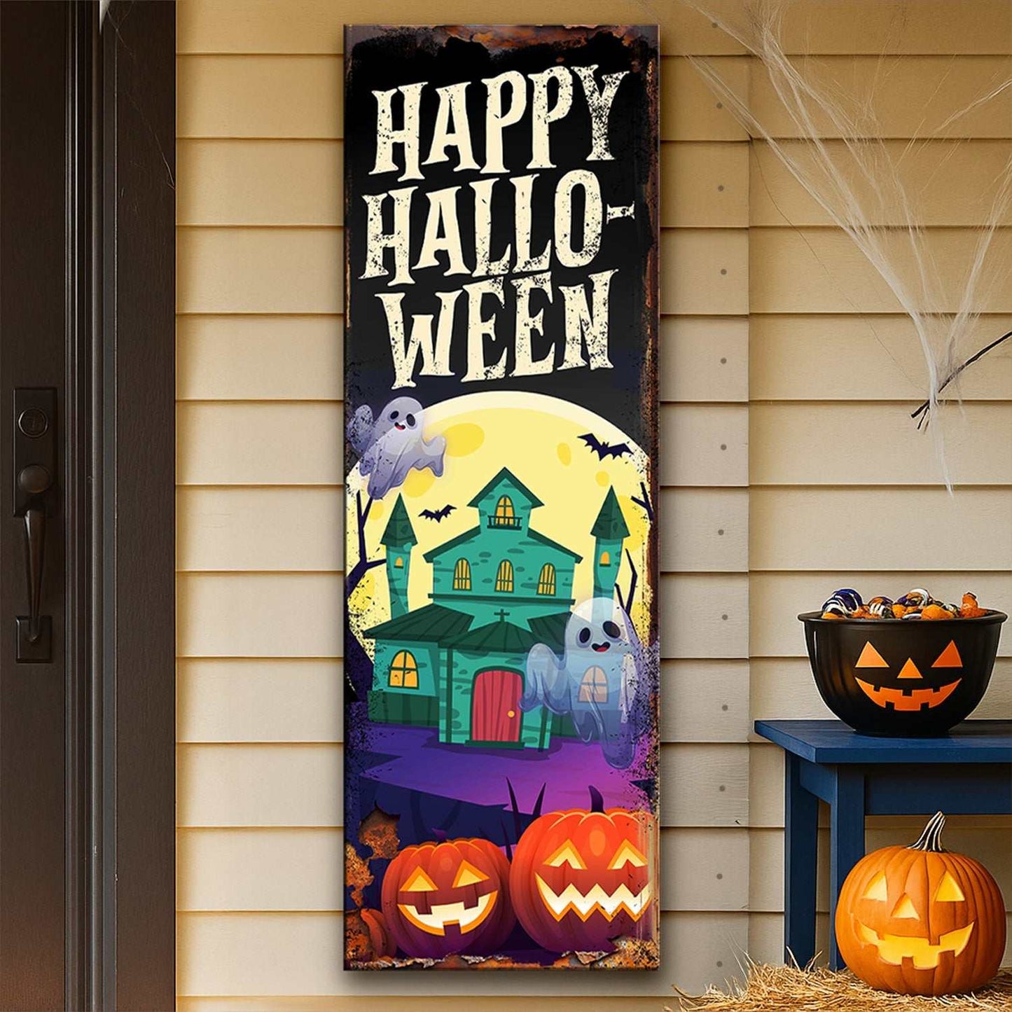 Halloween Welcome Sign made in USA on high-quality canvas with bright ink and personalization options, ready to hang and fast delivery.