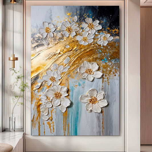 Abstract gold floral wall art on quality canvas, vibrant ink, ready to hang, made in USA.