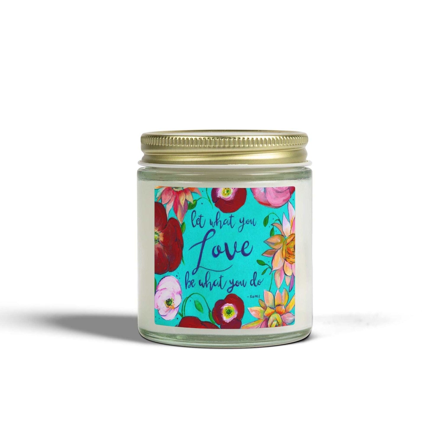Hand-poured scented candle in reusable glass jar with gold lid, coconut apricot wax and "Do What You Love" floral label