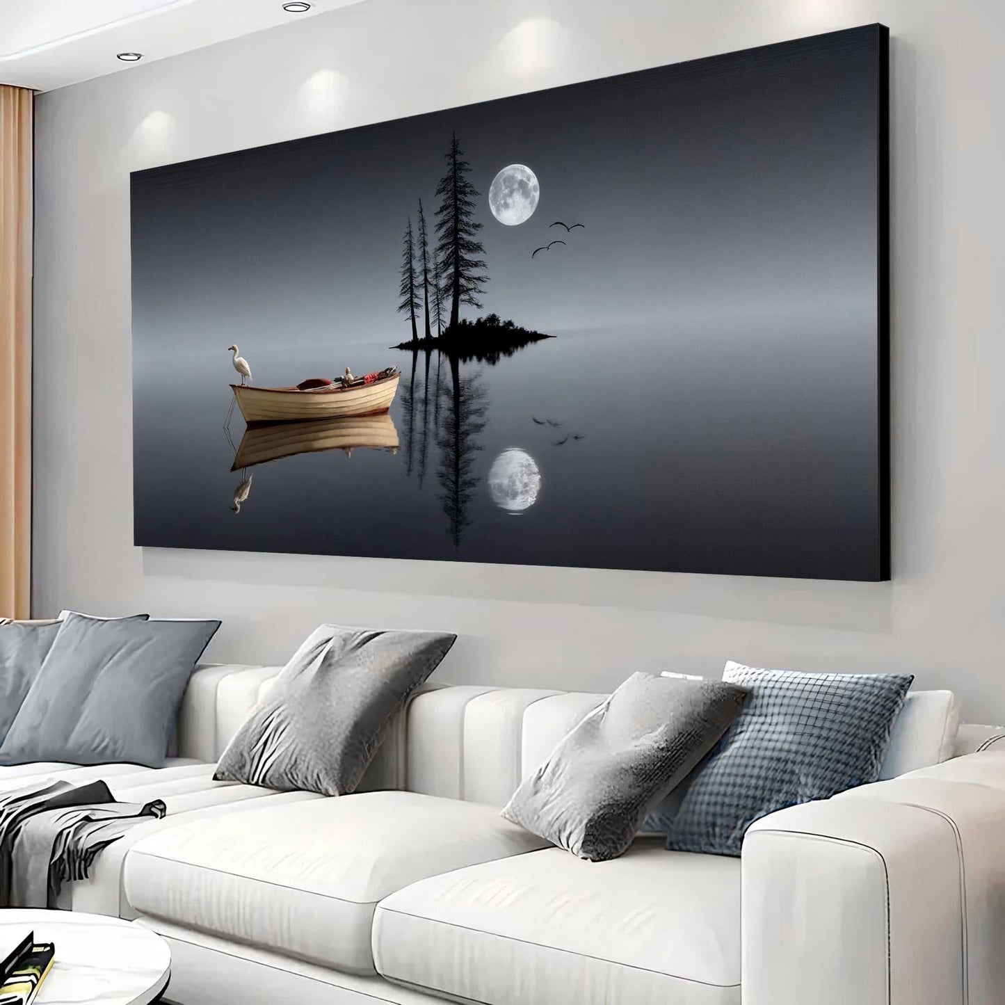 Modern minimalist night lake wall art on canvas, made in USA, bright ink, personalized, ready to hang