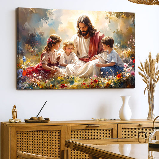 Jesus with children faith wall art on high-quality canvas, vibrant ink, ready to hang, made in USA