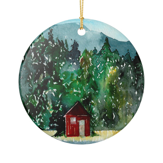 Ceramic Ornament — Watercolor Forest Cabin Holiday Decoration Printify