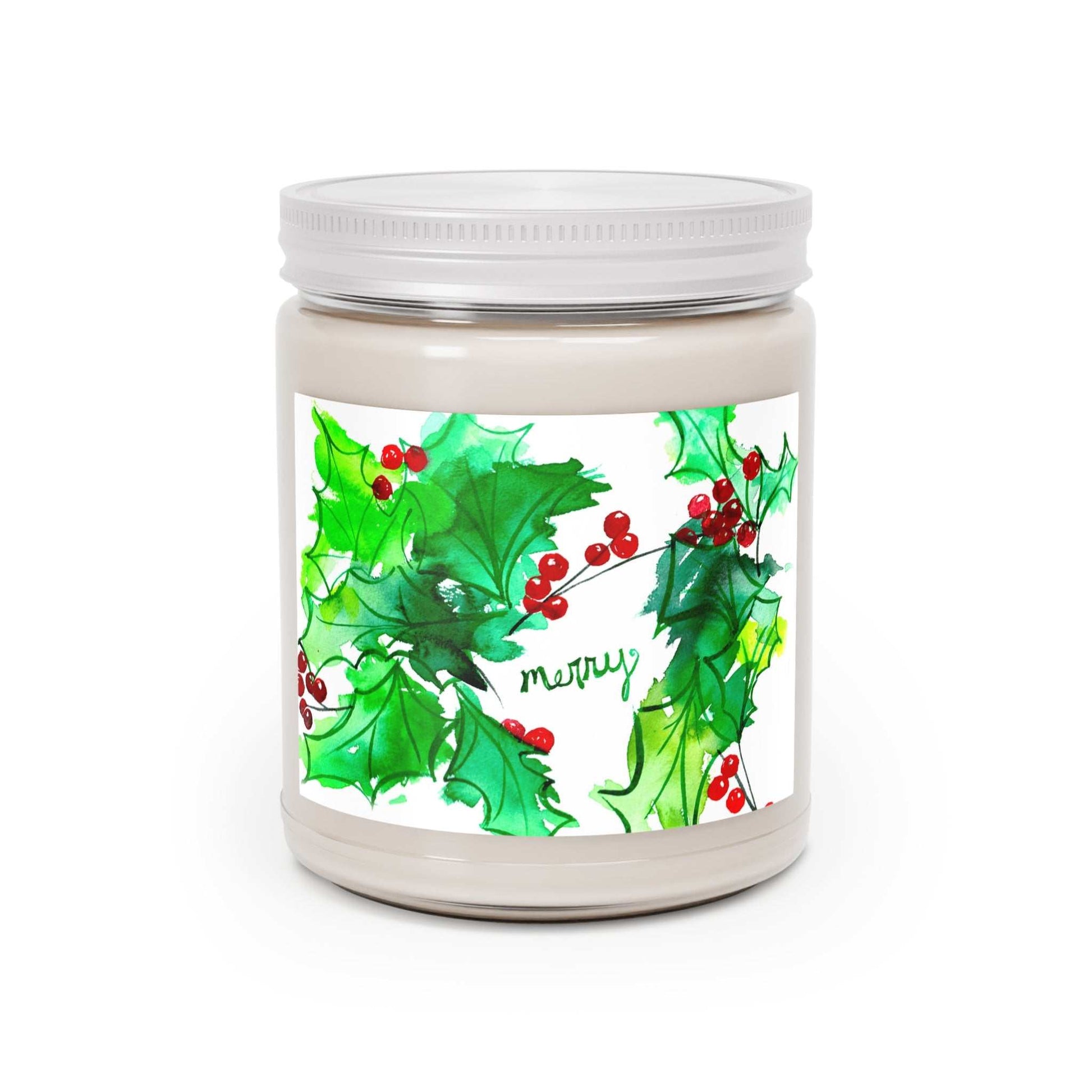 9oz scented soy candle with white lid and custom label in clear glass jar