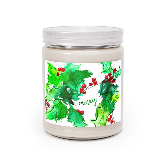 9oz scented soy candle with white lid and custom label in clear glass jar