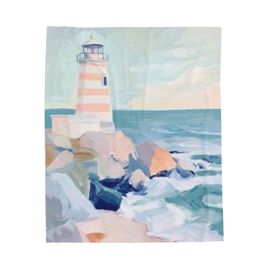 Coastal Lighthouse Velveteen Plush Blanket - Pastel Seascape Throw