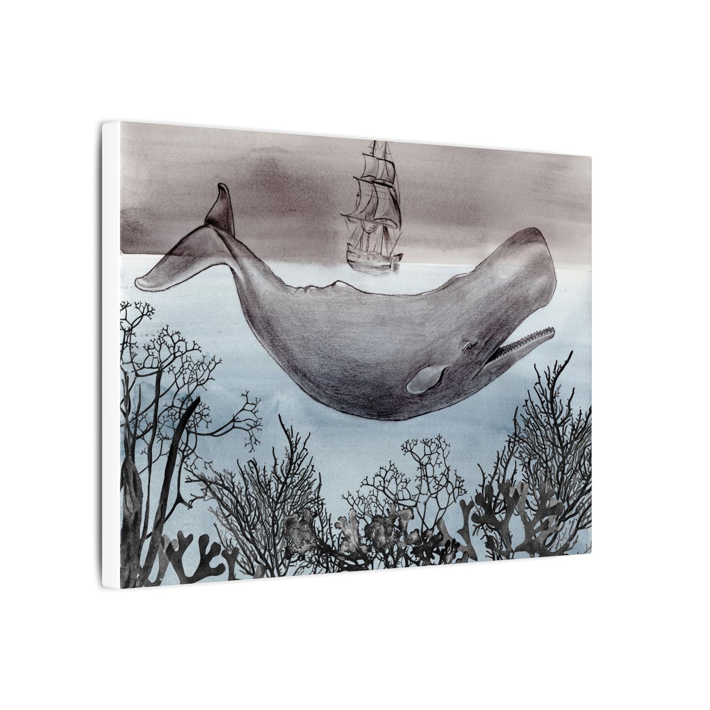 Whale & Ship Matte Canvas Wall Art — Nautical Sperm Whale Illustration Printify