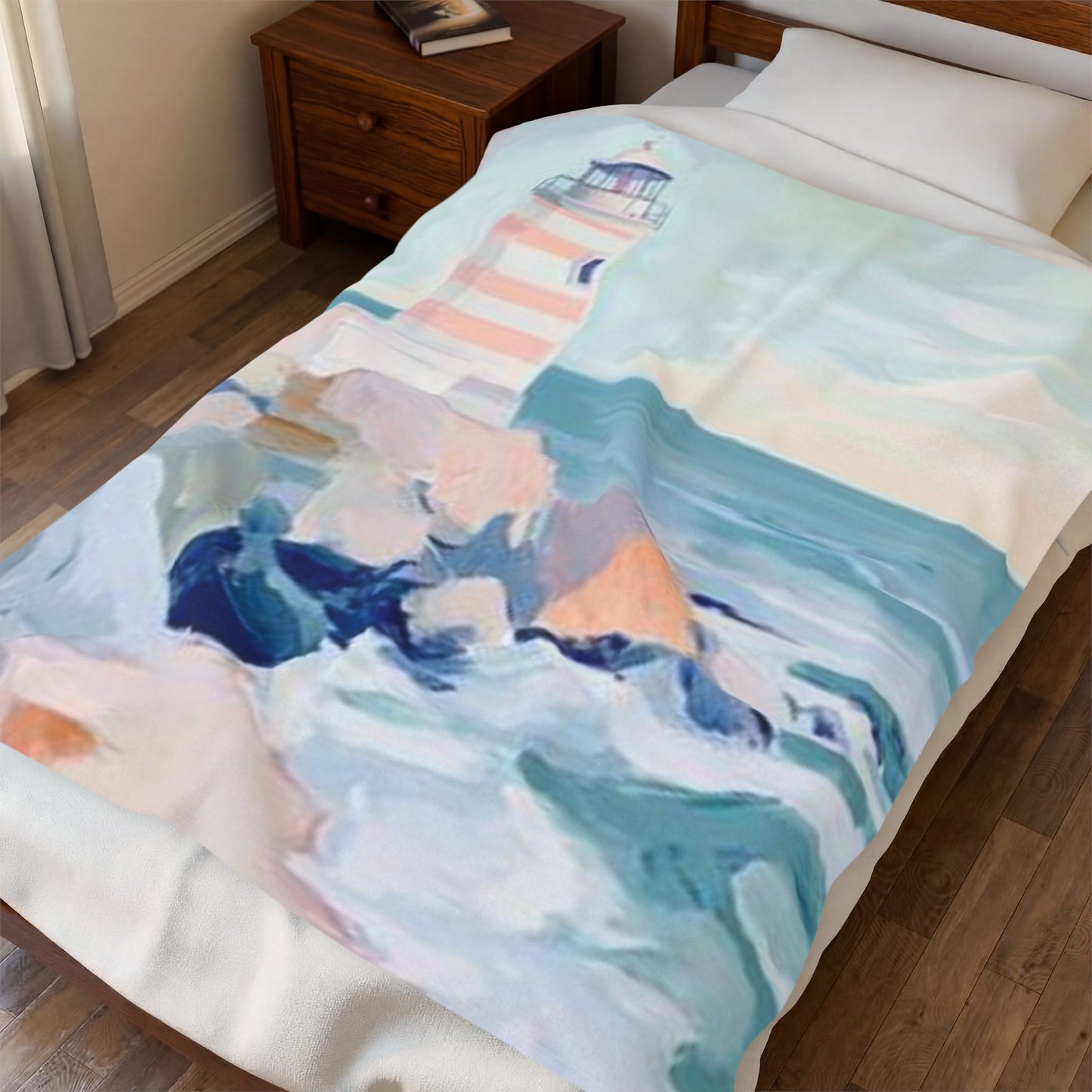 Coastal Lighthouse Velveteen Plush Blanket - Pastel Seascape Throw