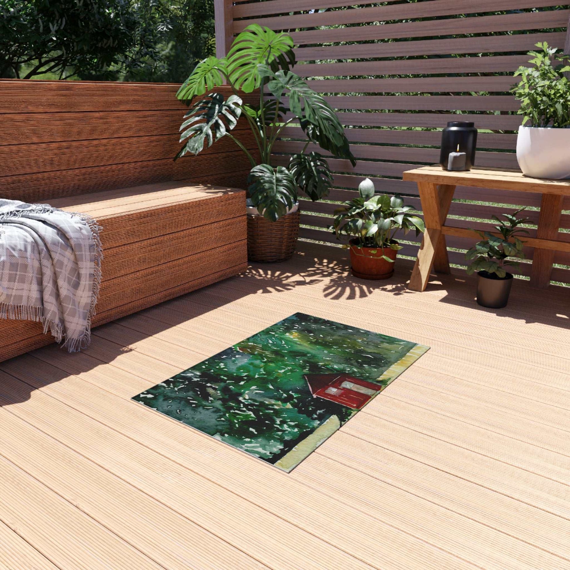 Cozy Outdoor Rug with Rustic Cabin Design Printify