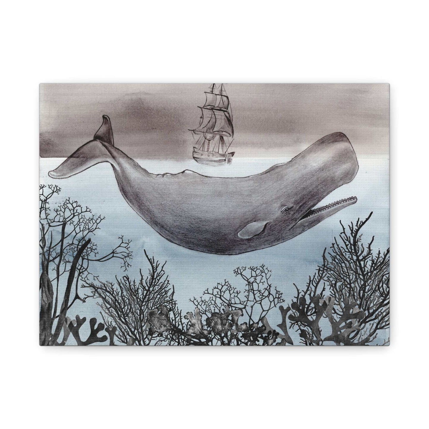 Whale and tall ship grayscale watercolor matte canvas wall art with coral silhouettes and sailing ship