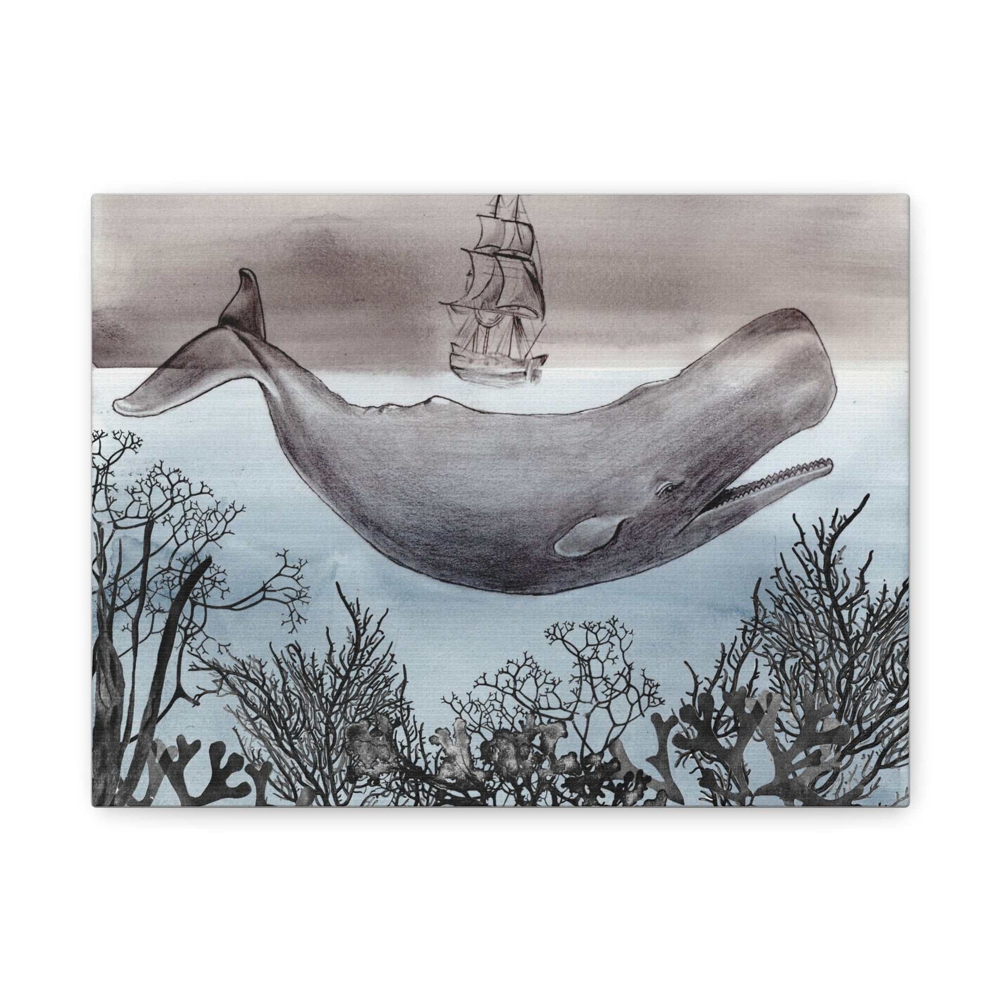Whale and tall ship grayscale watercolor matte canvas wall art with coral silhouettes and sailing ship
