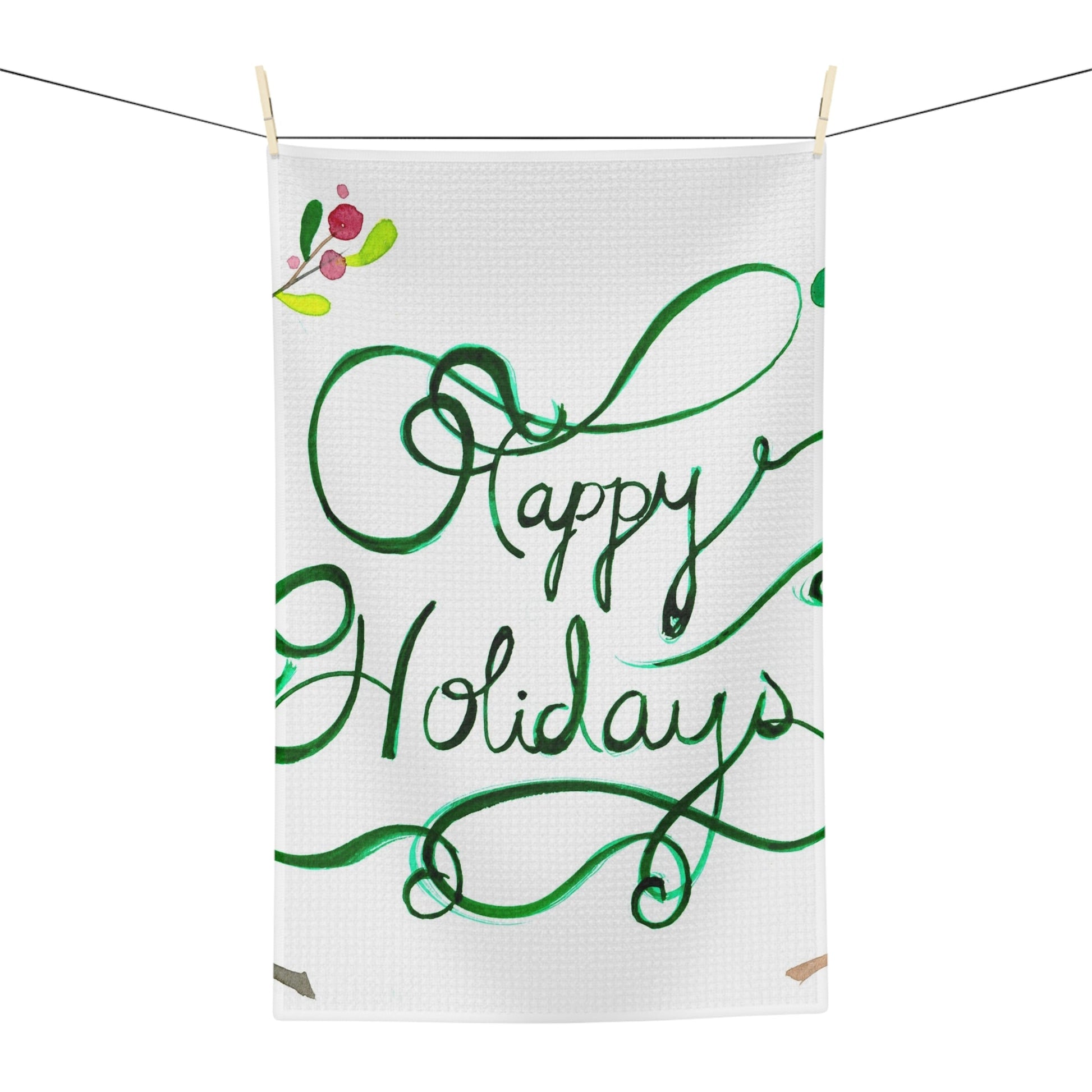Happy Holidays Microfiber Tea Towel — Festive Green Script Kitchen Towel Printify