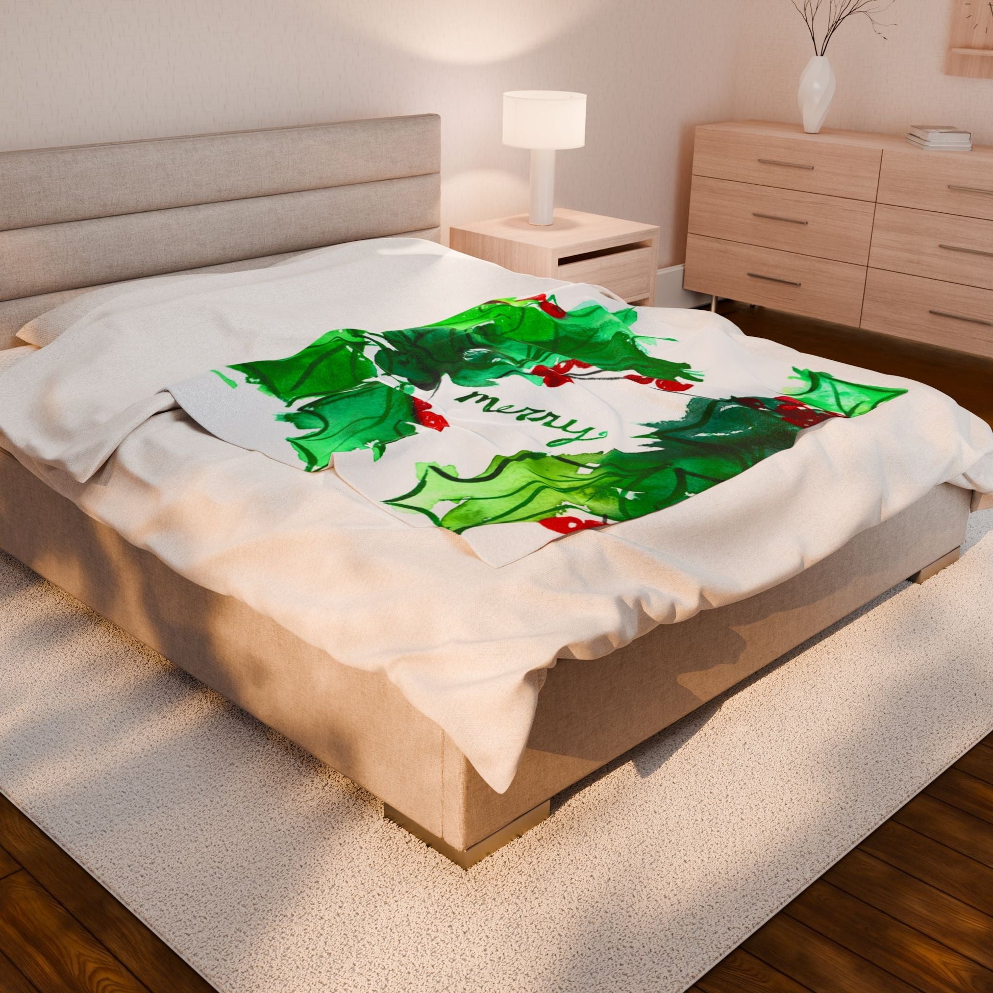 Christmas Holly "Merry" Velveteen Plush Blanket — Festive Holiday Throw Printify